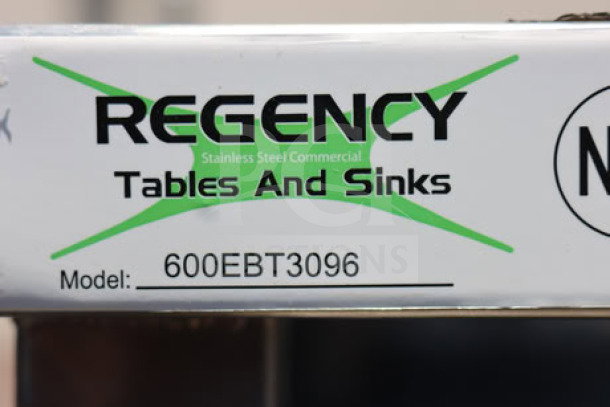 Regency stainless steel table label showing model 600EBT3096. Brand new, may have scratches, missing parts.