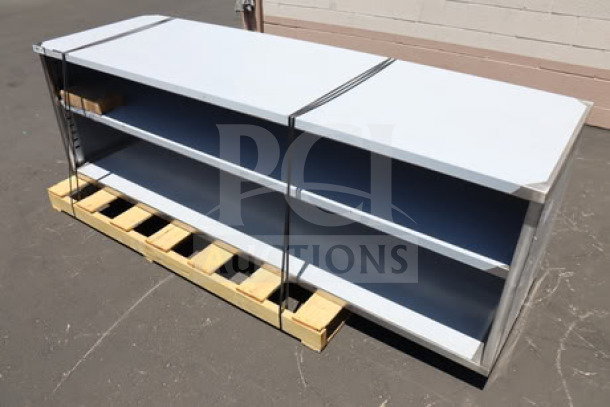 Regency stainless steel table, 30"x96", enclosed base, sliding doors, adjustable midshelf, minor scratches, model 600EBT3096D.