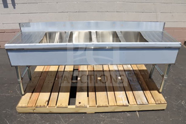 BRAND NEW Advance Tabco SLB-64C 72" x 18" four-compartment bar sink with two 12" drainboards, stainless steel.
