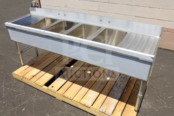 Advance Tabco SLB-64C bar sink, 72"x18", four compartments, two 12" drainboards, stainless steel, brand new, slight scratch-n-dent.