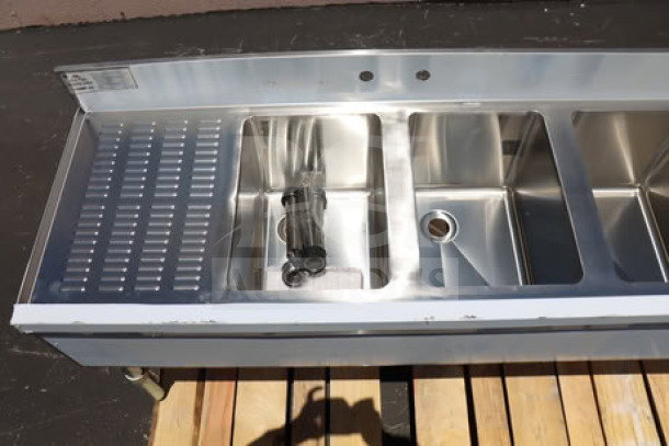 Advance Tabco SLB-64C bar sink, 72"x18", four compartments, two 12" drainboards, stainless steel, brand new, scratch-n-dent.