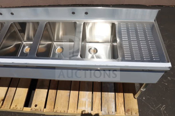Advance Tabco SLB-64C bar sink, 72"x18", brand new scratch-n-dent, four compartments, two 12" drainboards.