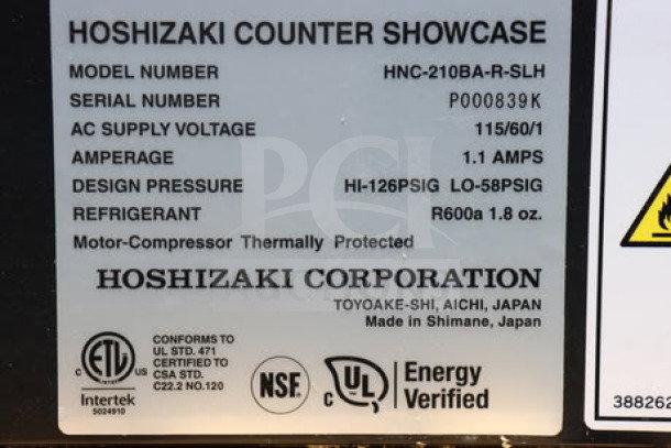 BRAND NEW Hoshizaki HNC-210BA-R-SLH Curved Glass Sushi Display Case, 83", Right Side Compressor, 115V, Serial P000839K.