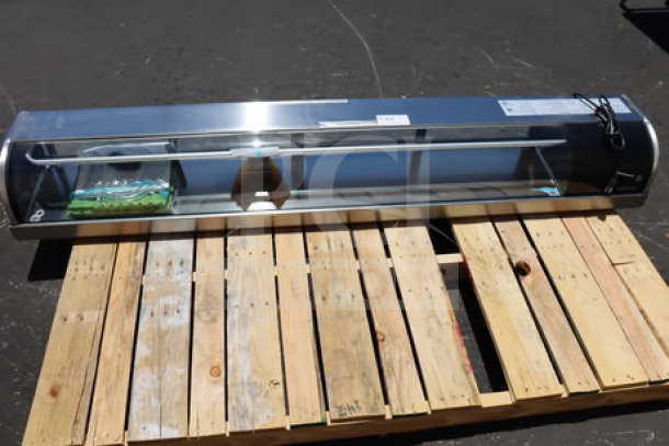 Brand new Hoshizaki HNC-210BA-R-SLH curved glass refrigerated sushi display case, 83", right side compressor, 115V. Serial No: P000839K.