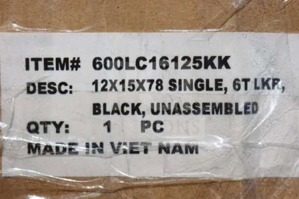 Regency Space Solutions 600LC16125KK locker label; 12"x15"x78", black, 6 tier, single, unassembled. Box severely ripped.