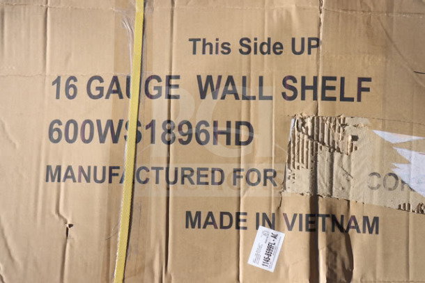 Brand new, scratch-n-dent Regency 600WS1896HD wall shelf, 16 gauge stainless steel, 18"x96", visible box markings.