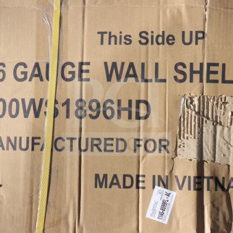 Brand new, scratch-n-dent Regency 600WS1896HD wall shelf, 16 gauge stainless steel, 18"x96", visible box markings.
