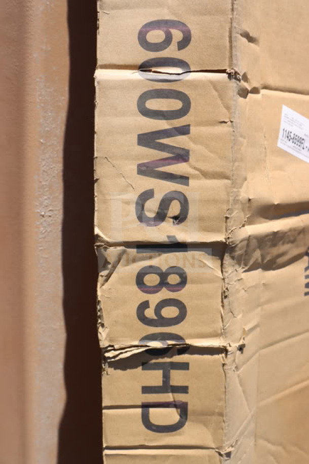 Regency 600WS1896HD heavy-duty wall shelf packaging, showing model number on cardboard. Packaging is dented.
