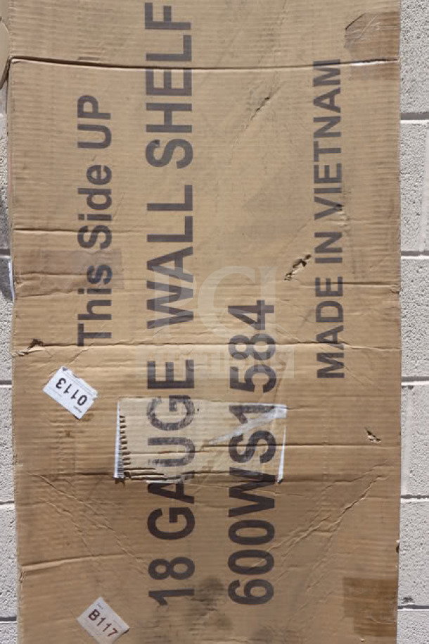 Regency 600WS1584 stainless steel wall shelf, 18 gauge, 15"x84". Brand new, box damaged. Labels indicate model and origin.