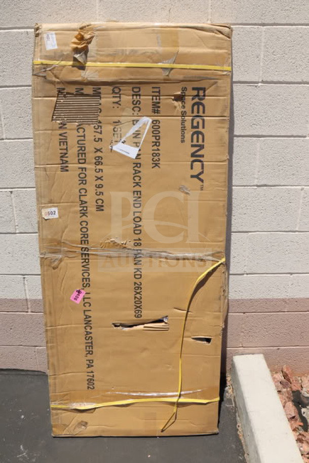 Brand new Regency 600PR183K 18 pan end load bun/sheet pan rack in original packaging. Box shows wear and tear.