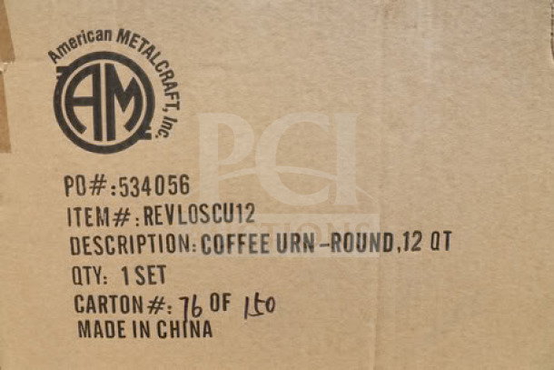 Brand new American Metalcraft REVLOSCU12 12 Qt. stainless steel coffee urn in original sealed packaging.