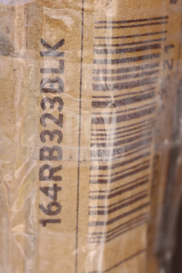 Lancaster Table & Seating model 164RB323BLK barcode on packaging, labeled "BRAND NEW SCRATCH-N-DENT" outdoor bar table.