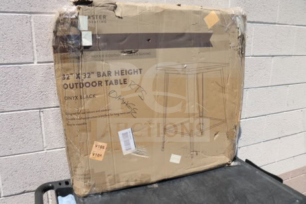 Brand new Lancaster Table & Seating 32" x 32" onyx black bar height outdoor table, model 164RB323BLK, in original damaged box.