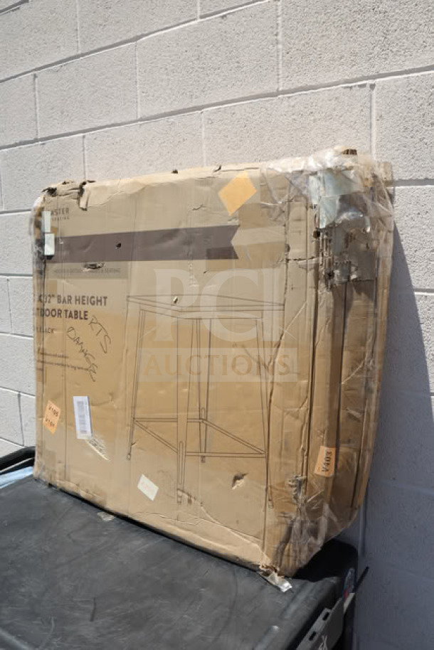 BRAND NEW SCRATCH-N-DENT Lancaster Table & Seating 32" Onyx Black Bar Height Outdoor Table, model 164RB323BLK, in original packaging.