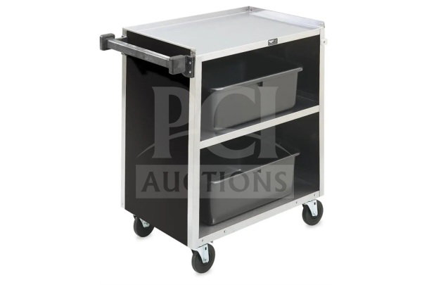 Brand new Vollrath 97181 3-shelf bussing cart, 31"x18"x34", with durable wheels and ergonomic handle, in original box.