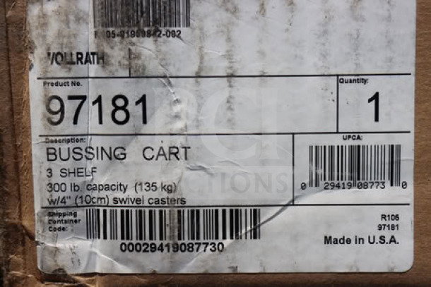 New Vollrath 97181 bussing cart, 3 shelves, 31"x18"x34", 300 lb capacity, with swivel casters, in original box.