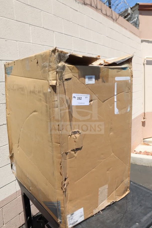 Vollrath 97181 3 Shelf Bussing Cart in original box, 31"x18"x34". Box is damaged; item condition unknown.