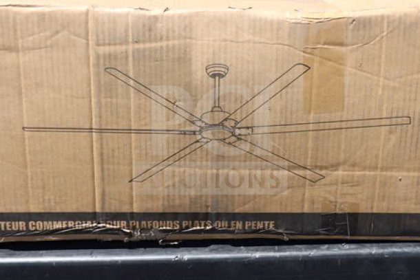 Brand new Canarm FANBOS 96" black industrial ceiling fan, model CP96BK, in damaged box; 16729 CFM, 105 RPM, 120V.