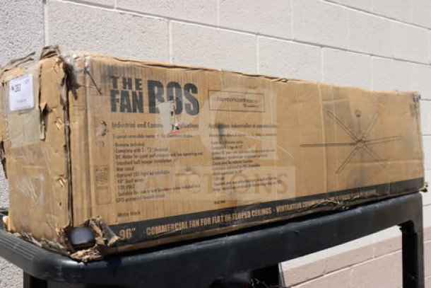 BRAND NEW Canarm FANBOS 96" black industrial ceiling fan CP96BK in damaged box; may be missing small parts. 16729 CFM, 105 RPM.