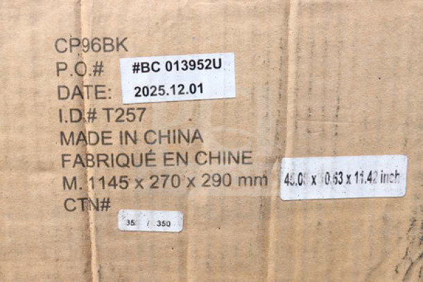 BRAND NEW Canarm FANBOS CP96BK 96" black industrial ceiling fan. Box damaged, may miss small parts. Labels show model and dimensions.