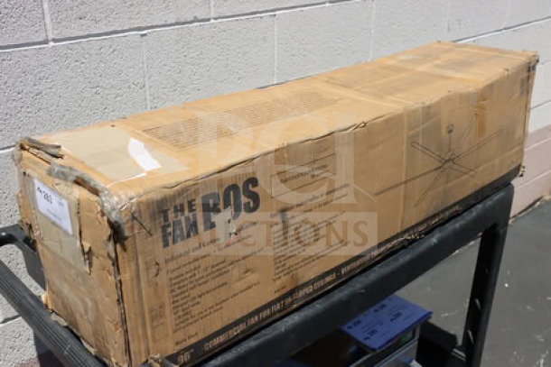 BRAND NEW Canarm FANBOS 96" Black Ceiling Fan CP96BK in damaged box, 16729 CFM, 105 RPM, 120V, possible missing parts.