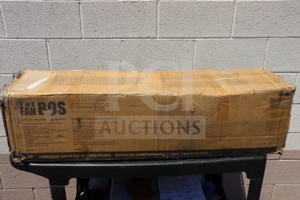 Canarm FANBOS 96" industrial ceiling fan model CP96BK in damaged box. Variable speed, 16729 CFM, 105 RPM, 120V. Possible missing parts.