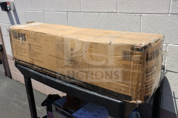 Damaged box of Canarm CP96BK 96" black industrial ceiling fan, variable speed, 16729 CFM, 105 RPM, 120V, 1 phase. Box may be missing small parts.