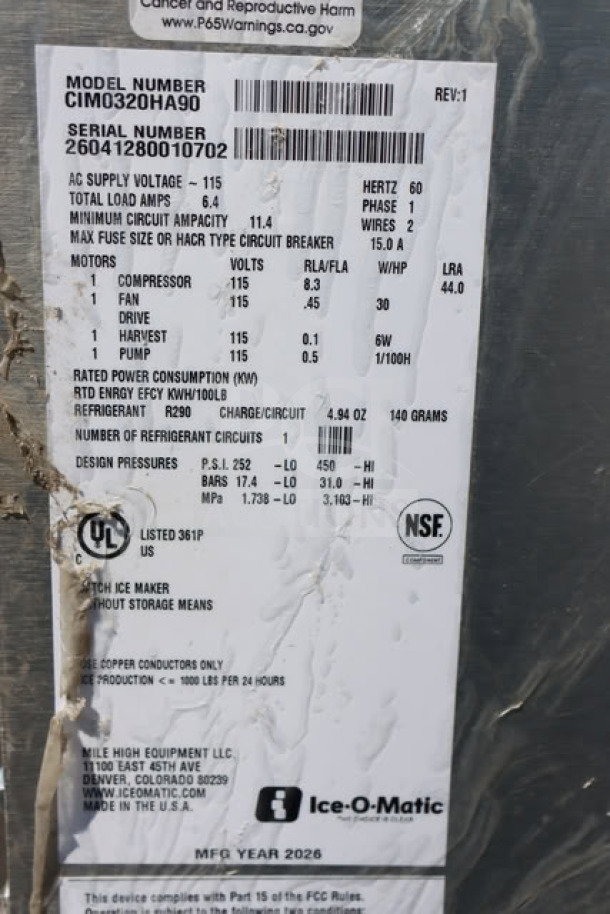BRAND NEW SCRATCH-N-DENT Ice-O-Matic CIM0320HA90 ice machine. Serial No: 26041280010702. Missing exterior panel hardware.