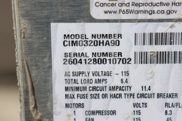 BRAND NEW SCRATCH-N-DENT! Ice-O-Matic CIM0320HA90 ice machine label showing model, serial number, and electrical specifications.