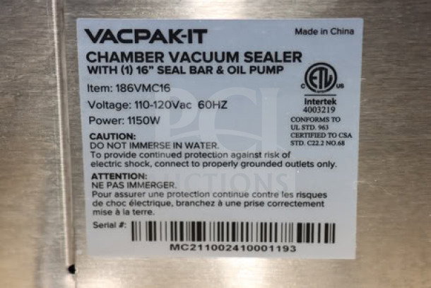 VacPak-It VMC16 Chamber Vacuum Sealer, 16" Seal Bar, Oil Pump, serial MC211002410001193, minor scratches, 1150W, 120V.