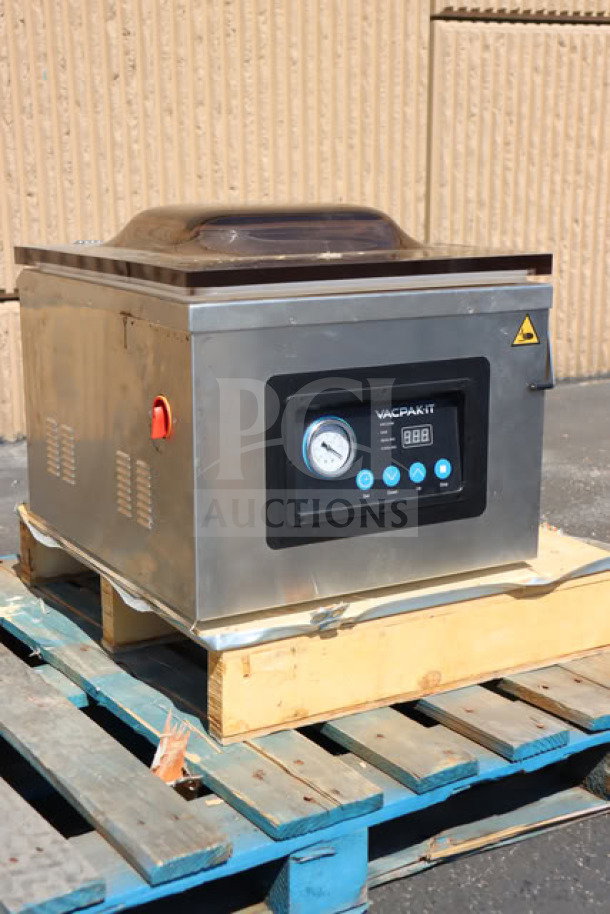 VacPak-It VMC16 chamber vacuum packaging machine with 16" seal bar, oil pump; new out of box, minor scratches visible.