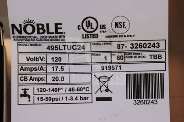 BRAND NEW Noble Warewashing LT-UC24 undercounter dishwasher; low-temp, 120V, 1 phase; Serial No. 87-3260243; NSF listed.