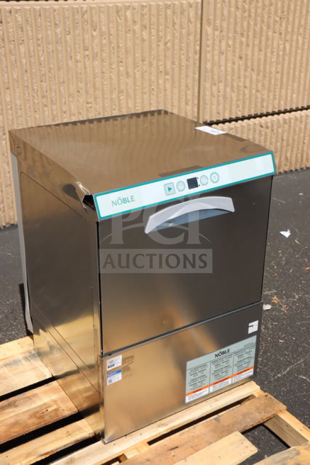 Brand new Noble Warewashing LT-UC24 low-temp undercounter dishwasher, stainless steel, 120V, 1 phase, with visible labels.