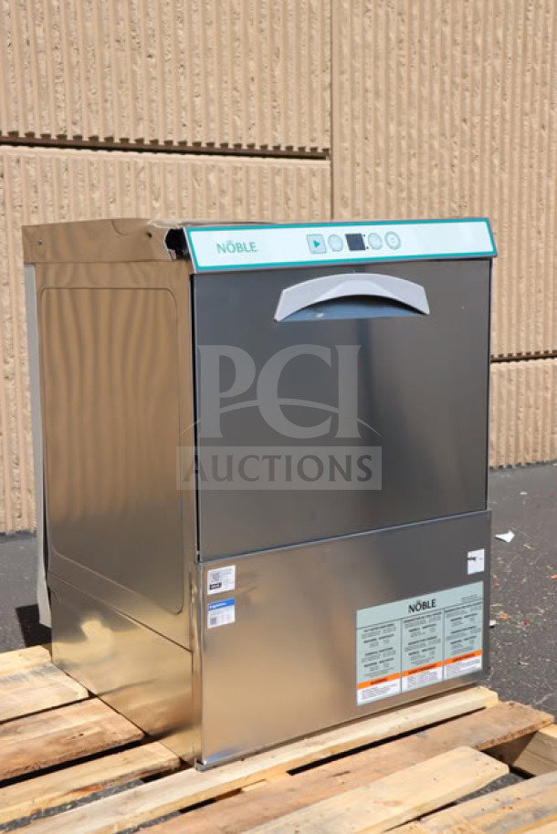 Brand new Noble Warewashing LT-UC24 low-temp undercounter dishwasher, stainless steel, model details and labels visible.