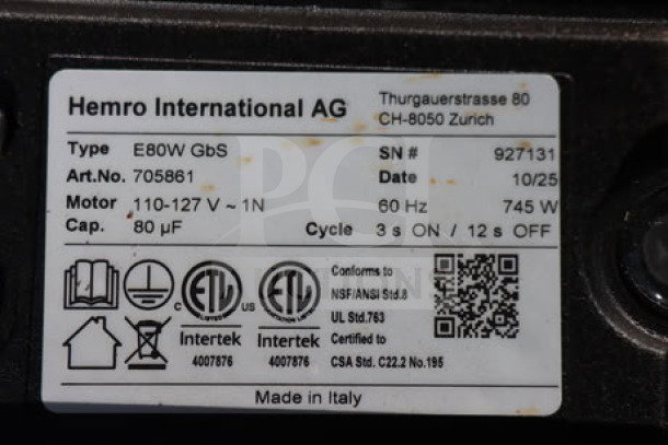 NEW SCRATCH-N-DENT Mahlkonig E80W GBS 4 lb. Black Espresso Grinder, 120V, Serial No: 927131, plate details shown.
