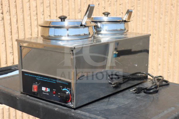 Benchmark USA 51072P Dual 7 Qt. Warmer, stainless steel with insets, ladles, lids, 120V, 1200W, serial 51096556000000243.