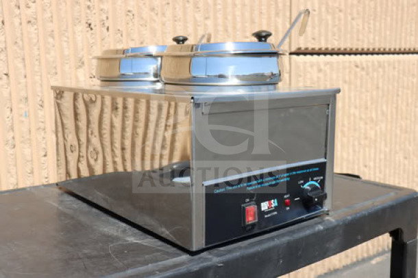"Benchmark USA 51072P Dual 7 Qt. Warmer, stainless steel finish, includes insets, ladles, lids; 120V, 1200W, new condition."