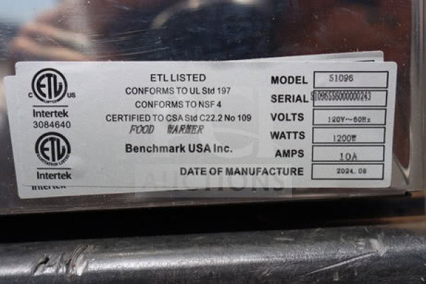 Benchmark USA 51072P dual 7 Qt. warmer with inserts, ladles, lids; 120V, 1200W; serial 51096556000000243; new condition.