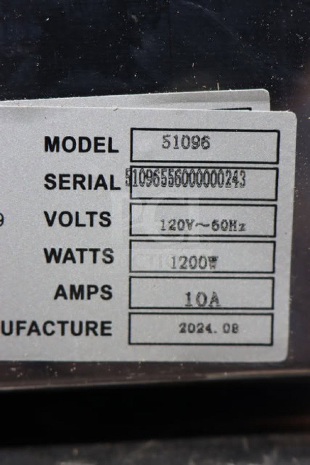 Benchmark USA 51072P Dual 7 Qt. Warmer label showing model, serial number 51096556000000243, 120V, 1200W specs.