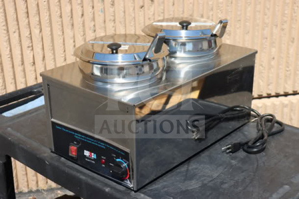 Benchmark USA 51072P Dual 7 Qt. Warmer, brand new, includes insets, ladles, lids, 120V, 1200W. Serial: 51096556000000243.