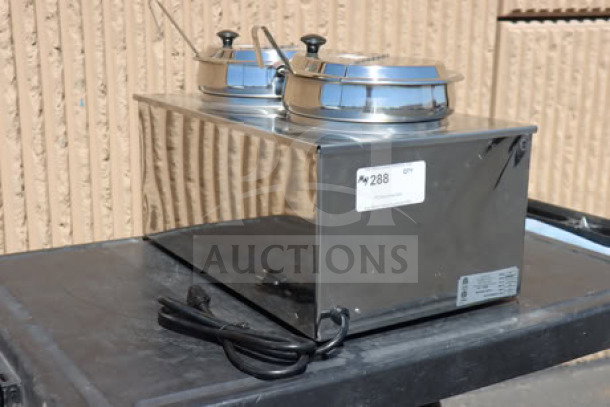 Benchmark USA 51072P Dual 7 Qt. Warmer; includes insets, ladles, lids; 120V, 1200W; visible label with serial number 51096556000000243.