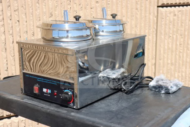 Benchmark USA 51072P Dual 7 Qt. Warmer, brand new with scratch-n-dent; includes insets, ladles, lids; 120V, 1200W.