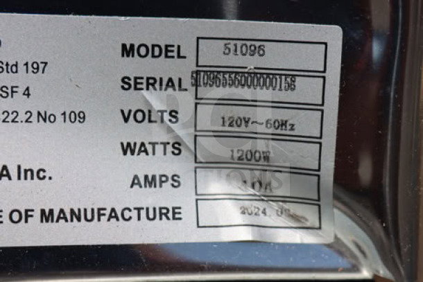 Benchmark USA 51072P Dual 7 Qt. Warmer label, showing model 51096, serial 51096556000000158, 120V, 1200W, 10A.
