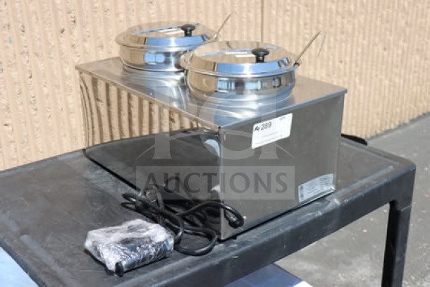 Benchmark USA 51072P Dual 7 Qt. Warmer, brand new with insets, ladles, lids. Scratch-N-Dent condition, 120V, 1200W, Serial No: 51096556000000158.