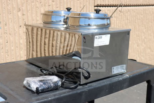 Brand new Benchmark USA 51072P Dual 7 Qt. Warmer with insets, ladles, and lids. Scratch n' Dent condition. Serial No: 51096556000000158.