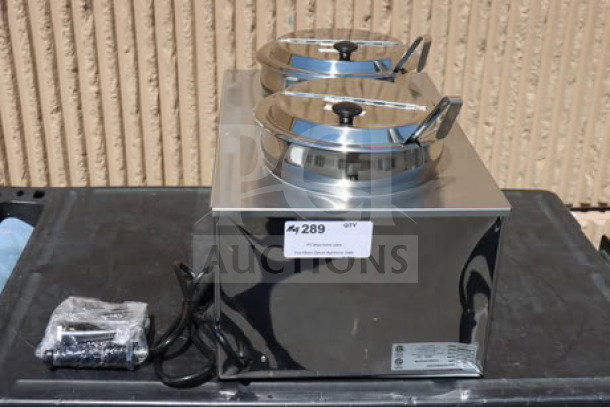 Benchmark USA 51072P dual 7 Qt. warmer, stainless steel with insets, ladles, and lids. Brand new, scratch-n-dent condition.