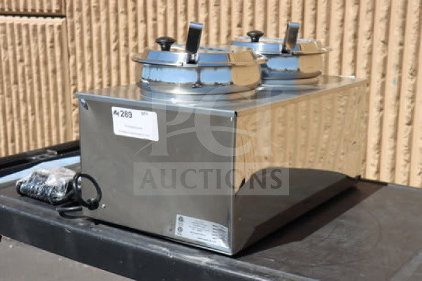 Benchmark USA 51072P Dual 7 Qt. Warmer, brand new with minor dents, includes insets, ladles, lids; 120V, 1200W, Serial No: 51096556000000158, tags visible.