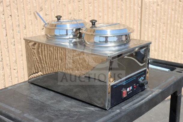 Benchmark USA 51072P Dual 7 Qt. Warmer, stainless steel, includes insets, ladles, lids; 120V, 1200W, serial 51096556000000158.