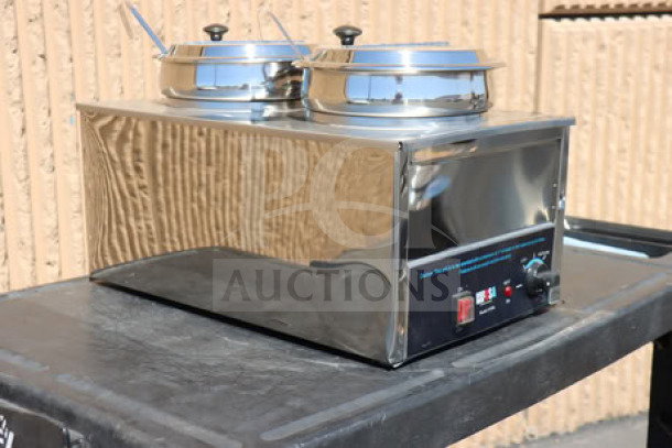 Brand New Benchmark USA 51072P Dual 7 Qt. Warmer with insets, ladles, lids; Scratch-N-Dent; 120V, 1200W, Serial 51096556000000158.
