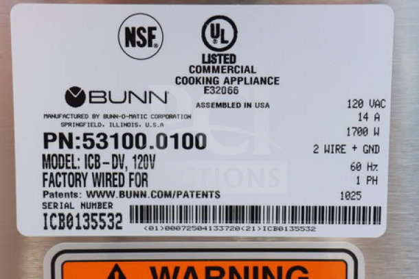 NSF and UL listed label on Bunn 53100.0001 BrewWISE ICB-DV Coffee Brewer; serial ICB0135532, 120V, minor scratches/dents.